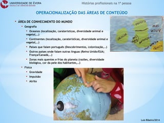 • 
ÁREA DE CONHECIMENTO DO MUNDO 
• 
Geografia 
• 
Oceanos (localização, caraterísticas, diversidade animal e vegetal,…) 
• 
Continentes (localização, caraterísticas, diversidade animal e vegetal,…) 
• 
Países que falam português (Descobrimentos, colonização,…) 
• 
Outros países onde falam outras línguas (Reino Unido/EUA; França/Canadá,…) 
• 
Zonas mais quentes e frias do planeta (razões, diversidade biológica, cor da pele dos habitantes,…) 
• 
Física 
• 
Gravidade 
• 
Impulsão 
• 
Atrito 
OPERACIONALIZAÇÃO DAS ÁREAS DE CONTEÚDO 
Luís Ribeiro/2014  