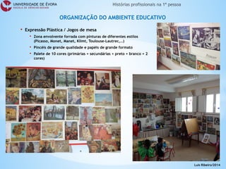 • 
Expressão Plástica / Jogos de mesa 
• 
Zona envolvente forrada com pinturas de diferentes estilos (Picasso, Monet, Manet, Klimt, Toulouse-Lautrec,…) 
• 
Pincéis de grande qualidade e papéis de grande formato 
• 
Palete de 10 cores (primárias + secundárias + preto + branco + 2 cores) 
ORGANIZAÇÃO DO AMBIENTE EDUCATIVO 
Luís Ribeiro/2014  