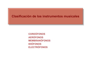 Clasificación de los instrumentos musicales




          CORDÓFONOS
          AERÓFONOS
          MEMBRANÓFONOS
          IDIÓFONOS
          ELECTRÓFONOS
 