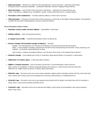 Apical percussion – Diminution or absence of the supraclavicular zone of resonance – pulmonary tuberculosis.
Increased extent of resonance, bilaterally – emphysema. Alternate method is mapping Kronig’s isthmus.
 Basal percussion – Lower border of lung resonance is depressed - emphysema or pneumothorax, and
raised – lung fibrosis, collapsed lung, consolidation, ascites, massive abdominal tumour or pleural effusion.
 Percussion of the mediastinum – To detect widening dullness on either side of sternum.
 Tidal percussion – Percussion of lower border of lung resonance, on each side, at the height of deep inspiration and expiration –
to determine the extent of diaphragmatic excursion, pulmonary fibrosis.
SPECIAL PERCUSSIONAL FINDINGS IN DISEASE :
 Reduction of both cardiac and liver dullness – hyperinflation of the lungs.
 Shifting dullness – hydro and pyopneumothorax.
 S- shaped curve of Ellis – moderate sized effusions within the pleural sac.
 Grocco’s triangle (Paravertebral triangle of dullness) – Bounded
Medially - the mid-spinal line from the level of the effusion to the level of the tenth dorsal vertebra,
Below - a horizontal line extending outwards from the tenth dorsal vertebra along the lower limit of lung resonance, and
Laterally - a curved line connecting these two lines.
Seen in large or medium sized pleural effusion, over the back of the chest, on the opposite side of effusion.
 Garland’s triangle – Lower relaxed part of lung in moderate or large pleural effusion is tympanitic or subtympanic.
 Obliteration of Traube’s space – In left sided pleural effusion.
 William’s tracheal resonance – Area of tympany over the first or second interspace, close to sternum.
Seen in patch of consolidation or fibrosis interposed between the trachea or a major bronchus and the chest wall.
Referred to as “pulled trachea syndrome” in fibrotic apical tuberculosis.
 Wintrich’s sign – Percussion note over an area during inspiration appears clearer and higher-pitched with the mouth open than
with it closed. Seen in lung cavity communicating with a bronchus, pneumothorax or mediastinal tumour.
 Gerhardt’s sign – Percussion note over an area appears lower pitched with the patient recumbent than with him standing or
sitting. Seen in lung cavity containing both fluid and air.
 Friedreich’s sign – Percussion note over an area becomes higher in pitch during forced inspiration than during expiration.
Seen in lung cavity.
 