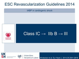 ESC Revascularization Guidelines 2014
IABP in cardiogenic shock
ESC
Class IC → IIb B → III
Windecker et al. Eur Heart J. 2014;35:2541-2619
 