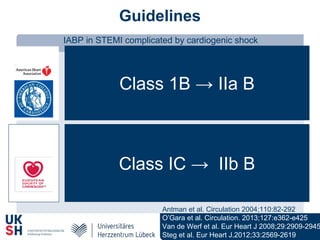 Guidelines
IABP in STEMI complicated by cardiogenic shock
Class 1B → IIa B
ACC/AHA
ESC
Class IC → IIb B
Antman et al. Circulation 2004;110:82-292
O’Gara et al. Circulation. 2013;127:e362-e425
Van de Werf et al. Eur Heart J 2008;29:2909-2945
Steg et al. Eur Heart J.2012;33:2569-2619
 