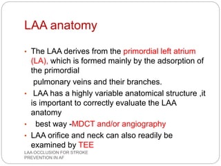 LAA anatomy
• The LAA derives from the primordial left atrium
(LA), which is formed mainly by the adsorption of
the primordial
pulmonary veins and their branches.
• LAA has a highly variable anatomical structure ,it
is important to correctly evaluate the LAA
anatomy
• best way -MDCT and/or angiography
• LAA orifice and neck can also readily be
examined by TEE
LAA OCCLUSION FOR STROKE
PREVENTION IN AF
 