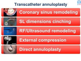 Transcatheter annuloplasty
Coronary sinus remodeling
SL dimensions cinching
RF/Ultrasound remodeling
External compression
Direct annuloplasty
 