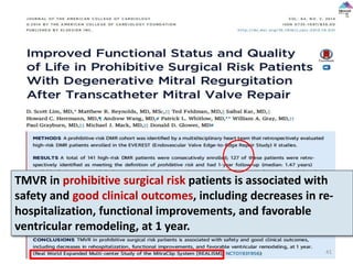 TMVR in prohibitive surgical risk patients is associated with
safety and good clinical outcomes, including decreases in re-
hospitalization, functional improvements, and favorable
ventricular remodeling, at 1 year.
41
 