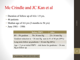 Mc Crindle and JC Kan et al
• Duration of follow up of 4.6± 1.9 yrs.
• 46 patients
• Median age of 4.6 yrs (3 months to 56 yrs)
• June 1981 – 1986
Before PBPV After
RV – PA gradient 70± 36 mm Hg 23± 14 mm Hg
Gradient reduction to <36 mm Hg seen in 41 of 46 pts (89%)
Long term follow up gradients < 36 mm Hg (86%)
Age < 2 yrs at initial PBPV – risk factor for gradients > 36 mm
Hg at follow up
Circulation 1991;83:1915-1922
11/4/2015
37
 