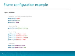 Flume configuration example
agent1.properties:
# Flume will start these named components
agent1.sources = src1
agent1.channels = ch1
agent1.sinks = sink1
# channel config
agent1.channels.ch1.type = memory
# source config
agent1.sources.src1.type = netcat
agent1.sources.src1.channels = ch1
agent1.sources.src1.bind = 127.0.0.1
agent1.sources.src1.port = 8080
# sink config
agent1.sinks.sink1.type = logger
agent1.sinks.sink1.channel = ch1
14
 