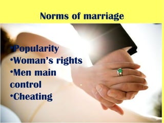 Norms of marriage Boy meets girl  Marriage Women's rights  Popularity Woman’s rights Men main control  Cheating  