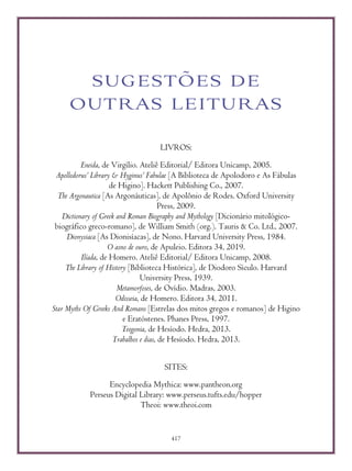 417
SUGESTÕES DE
OUTRAS LEITURAS
LIVROS:
Eneida, de Virgílio. Ateliê Editorial/ Editora Unicamp, 2005.
Apollodorus’ Library & Hyginus’ Fabulae [A Biblioteca de Apolodoro e As Fábulas
de Higino]. Hackett Publishing Co., 2007.
The Argonautica [As Argonáuticas], de Apolônio de Rodes. Oxford University
Press, 2009.
Dictionary of Greek and Roman Biography and Mythology [Dicionário mitológico-
biográfico greco-romano], de William Smith (org.). Tauris & Co. Ltd., 2007.
Dionysiaca [As Dionisíacas], de Nono. Harvard University Press, 1984.
O asno de ouro, de Apuleio. Editora 34, 2019.
Ilíada, de Homero. Ateliê Editorial/ Editora Unicamp, 2008.
The Library of History [Biblioteca Histórica], de Diodoro Sículo. Harvard
University Press, 1939.
Metamorfoses, de Ovídio. Madras, 2003.
Odisseia, de Homero. Editora 34, 2011.
Star Myths Of Greeks And Romans [Estrelas dos mitos gregos e romanos] de Higino
e Eratóstenes. Phanes Press, 1997.
Teogonia, de Hesíodo. Hedra, 2013.
Trabalhos e dias, de Hesíodo. Hedra, 2013.
SITES:
Encyclopedia Mythica: www.pantheon.org
Perseus Digital Library: www.perseus.tufts.edu/hopper
Theoi: www.theoi.com
 