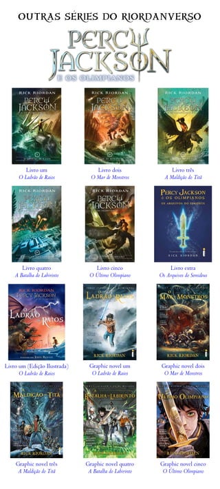 OUTRAS SÉRIES DO RIORDANVERSO
Livro um
O Ladrão de Raios
Livro dois
O Mar de Monstros
Livro três
A Maldição do Titã
Livro quatro
A Batalha do Labirinto
Livro cinco
O Último Olimpiano
Livro extra
Os Arquivos do Semideus
Livro um (Edição Ilustrada)
O Ladrão de Raios
Graphic novel um
O Ladrão de Raios
Graphic novel dois
O Mar de Monstros
Graphic novel três
A Maldição do Titã
Graphic novel quatro
A Batalha do Labirinto
Graphic novel cinco
O Último Olimpiano
 