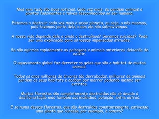 Mas nem tudo são boas noticias. Cada vez mais  se perdem animais e plantas fascinantes e talvez desconhecidos ao ser humano. Estamos a destruir cada vez mais o nosso planeta, ou seja, a nós mesmos, pois fazemos parte dele e sem ele não sobrevivemos. A nossa vida depende dele e ainda o destruímos? Seremos suicidas?  Pode ser uma explicação para as nossas impensadas atitudes. Se não agirmos rapidamente as paisagens e animais anteriores deixarão de existir. O aquecimento global faz derreter os gelos que são o habitat de muitos animais. Todos os anos milhares de árvores são derrubadas, milhares de animais perdem os seus habitats e acabam por morrer podendo mesmo ser extintos. Muitas florestas são completamente destruídas não só devido à desflorestação mas também aos incêndios, poluição, entre outros. E se numa dessas florestas, que são destruídas constantemente, estivesse uma planta que curasse, por exemplo, o cancro? 