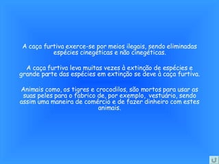 A caça furtiva exerce-se por meios ilegais, sendo eliminadas espécies cinegéticas e não cinegéticas. A caça furtiva leva muitas vezes à extinção de espécies e grande parte das espécies em extinção se deve à caça furtiva. Animais como, os tigres e crocodilos, são mortos para usar as suas peles para o fabrico de, por exemplo,  vestuário, sendo assim uma maneira de comércio e de fazer dinheiro com estes animais. 