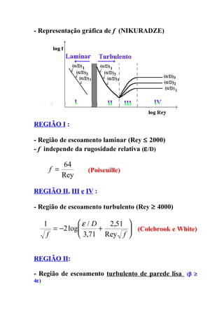 - Representação gráfica de f (NIKURADZE)




REGIÃO I :

- Região de escoamento laminar (Rey ≤ 2000)
- f independe da rugosidade relativa (ε /D)

             64
       f =         (Poiseuille)
             Rey

REGIÃO II, III e IV :

- Região de escoamento turbulento (Rey ≥ 4000)

      1          ε / D   2,51 
         = −2 log      +       (Colebrook e White)
       f          3,71 Rey f 


REGIÃO II:

- Região de escoamento turbulento de parede lisa   (β ≥
4ε)
 