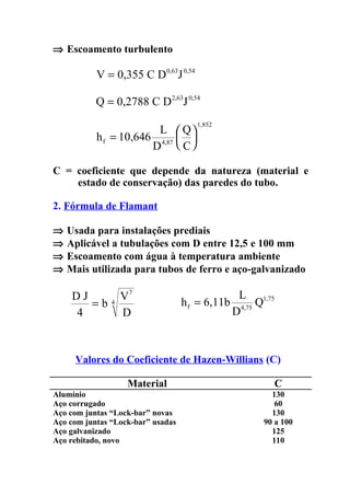 ⇒ Escoamento turbulento

           V = 0,355 C D 0,63J 0,54

           Q = 0,2788 C D 2,63J 0,54
                                      1,852
                        L Q
           h f = 10,646 4,87  
                              
                       D  C

C = coeficiente que depende da natureza (material e
    estado de conservação) das paredes do tubo.

2. Fórmula de Flamant

⇒   Usada para instalações prediais
⇒   Aplicável a tubulações com D entre 12,5 e 100 mm
⇒   Escoamento com água à temperatura ambiente
⇒   Mais utilizada para tubos de ferro e aço-galvanizado

     DJ            V7                             L 1,75
        =b     4                   h f = 6,11b     4,75
                                                        Q
     4             D                             D



     Valores do Coeficiente de Hazen-Willians (C)

                    Material                                C
Alumínio                                                130
Aço corrugado                                            60
Aço com juntas “Lock-bar” novas                         130
Aço com juntas “Lock-bar” usadas                      90 a 100
Aço galvanizado                                         125
Aço rebitado, novo                                      110
 