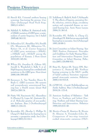 9Perda Auditiva na Infância
Projeto Diretrizes
Associação Médica Brasileira e Conselho Federal de Medicina
15.	Baroch KA. Universal newborn hearing
screening: fine-tuning the process. Curr
Opin Otolaryngol Head Neck Surg.
2003;11:424-7.
16.	Mahdieh N, Rabbani B. Statistical study
of 35delG mutation of GJB2 gene: a meta-
analysis of carrier frequency. Int J Audiol
2009;48:363-70.
17.	Dzhemileva LU, Barashkov NA, Posukh
OL, Khusainova RI, Akhmetova VL,
Kutuev IA, et al. Carrier frequency
of GJB2 gene mutations c.35delG,
c.235delC and c.167delT among the
populations of Eurasia. J Hum Genet
2010;55:749-54.
18.	Wilcox SA, Saunders K, Osborn AH,
Arnold A, Wunderlich J, Kelly T, et al.
High frequency hearing loss correlated with
mutations in the GJB2 gene. Hum Genet
2000;106:399-405.
19.	Kenneson A, Van Naarden Braun K,
Boyle C. GJB2 (connexin 26) variants
and nonsyndromic sensorineural hea-
ring loss: a HuGE review. Genet Med
2002;4:258-74.
20.	Piatto VB, Nascimento EC, Alexandrino
F, Oliveira CA, Lopes AC, Sartorato EL,
et al. Molecular genetics of non-syndro-
mic deafness. Braz J Otorhinolaryngol
2005;71:216-23.
21.	Kountakis SE, Skoulas I, Phillips D,
Chang CY. Risk factors for hearing loss in
neonates: a prospective study. Am J Oto-
laryngol 2002;23:133-7.
22.	Yoshikawa S, Ikeda K, Kudo T, Kobayashi
T. The effects of hypoxia, premature bir-
th, infection, ototoxic drugs, circulatory
system and congenital disease on neo-
natal hearing loss. Auris Nasus Larynx
2004;31:361-8.
23.	Kountakis SE, Psifidis A, Chang CJ,
Stiernberg CM. Risk factors associated with
hearing loss in neonates. Am J Otolaryngol
1997;18:90-3.
24.	Joint Committee on Infant Hearing. Year
2007 Position Statement: Principles
and Guidelines for Early Hearing Detec-
tion and Intervention Programs. Joint
Committee on Infant Hearing. Pedia-
trics2007;120:898-921.
25.	Berg AL, Spitzer JB, Towers HM, Bar-
tosiewicz C, Diamond BE. Newborn
hearing screening in the NICU: profile
of failed auditory brainstem response/
passed otoacoustic emission. Pediatrics
2005;116:933-8.
26.	COMUSA - Comitê Multidisciplinar em
Saúde Auditiva. Braz J Otorhinolaryngol
2010;76 :121-8.
27.	American Academy of Pediatrics - Task
Force on Newborn and Infant Hea-
ring. Newborn and Infant Hearing Loss:
Detection and Intervention. Pediatrics
1999;103:527-30.
28. Benito-Orejas JI, Ramírez B, Morais
D, Almaraz A, Fernández-Calvo JL.
Comparison of two-step transient
evoked otoacoustic emissions (TEO-
 