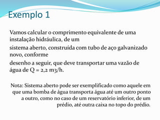 Exemplo 1
Vamos calcular o comprimento equivalente de uma
instalação hidráulica, de um
sistema aberto, construída com tubo de aço galvanizado
novo, conforme
desenho a seguir, que deve transportar uma vazão de
água de Q = 2,2 m3/h.
Nota: Sistema aberto pode ser exemplificado como aquele em
que uma bomba de água transporta água até um outro ponto
a outro, como no caso de um reservatório inferior, de um
prédio, até outra caixa no topo do prédio.
 