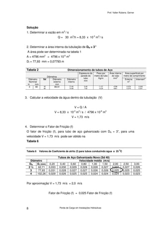 Prof. Valter Rubens. Gerner
Perda de Carga em Instalações Hidráulicas8
Solução
1. Determinar a vazão em m3
/ s
Q = 30 m3
/h = 8,33 x 10-3
m3
/ s
2. Determinar a área interna da tubulação de DN = 3”
A área pode ser determinada na tabela 1
A = 4796 mm2
= 4796 x 10-6
m3
DI = 77,93 mm = 0,07793 m
Tabela 2 Dimensionamento de tubos de Aço
Diâmetros
Área superficial por
metro de comprimento
Diâmetro
Nominal
in mm
Sd Diâmetro
externo
mm
Diâmetro
interno
Espessura da
parede do
tubo
mm
Peso por
metro de tubo
Kg/m
Área interna
do tubo
mm2
Externa
m2
Internam2
3 80 40
80
89.91 77.93
73.66
5.49
7.62
11.27
15.25
4796
4261
0.279
0.279
0.245
0.231
3. Calcular a velocidade da água dentro da tubulação (V)
V = Q / A
V = 8,33 x 10-3
m3
/ s / 4796 x 10-6
m3
V = 1,73 m/s
4. Determinar o Fator de Fricção (f)
O fator de fricção (f), para tubo de aço galvanizado com DN = 3”, para uma
velocidade V = 1,73 m/s pode ser obtido na
Tabela 6
Tabela 6 Valores de Coeficiente de atrito (f) para tubos conduzindo água a 25
0
C
Tubos de Aço Galvanizado Novo (Sd 40)
Diâmetro Velocidade média (m/s)
DN DI (mm) 0,20 0,40 0,60 0,80 1,00 1,50 2,00 2,50 3,00
2 ½ 62,71 0,033 0,030 0,029 0,028 0,028 0,027 0,027 0,027 0,026
3 77,93 0,031 0,028 0,027 0,027 0,026 0,026 0,025 0,025 0,025
4 102,26 0,029 0,026 0,025 0,025 0,024 0,024 0,024 0,023 0,023
Por aproximação V = 1,73 m/s = 2,0 m/s
Fator de Fricção (f) = 0,025 Fator de Fricção (f)
 