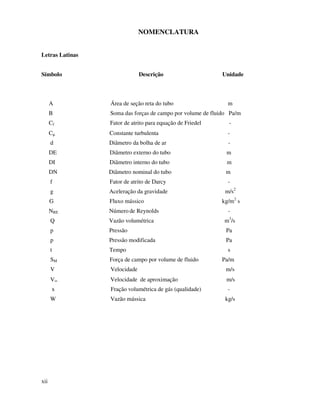 xii
NOMENCLATURA
Letras Latinas
Símbolo Descrição Unidade
A Área de seção reta do tubo m
B Soma das forças de campo por volume de fluido Pa/m
Cf Fator de atrito para equação de Friedel -
Cµ Constante turbulenta -
d Diâmetro da bolha de ar -
DE Diâmetro externo do tubo m
DI Diâmetro interno do tubo m
DN Diâmetro nominal do tubo m
f Fator de atrito de Darcy -
g Aceleração da gravidade m/s2
G Fluxo mássico kg/m2
s
NRE Número de Reynolds -
Q Vazão volumétrica m3
/s
p Pressão Pa
p Pressão modificada Pa
t Tempo s
SM Força de campo por volume de fluido Pa/m
V Velocidade m/s
V∞ Velocidade de aproximação m/s
x Fração volumétrica de gás (qualidade) -
W Vazão mássica kg/s
 