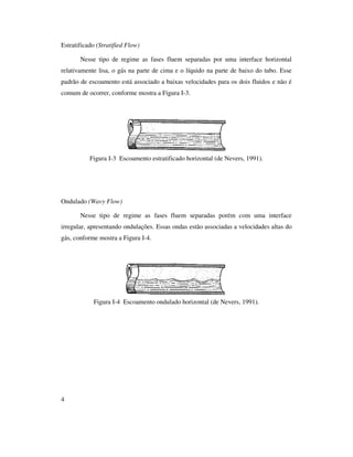 4
Estratificado (Stratified Flow)
Nesse tipo de regime as fases fluem separadas por uma interface horizontal
relativamente lisa, o gás na parte de cima e o líquido na parte de baixo do tubo. Esse
padrão de escoamento está associado a baixas velocidades para os dois fluidos e não é
comum de ocorrer, conforme mostra a Figura I-3.
Figura I-3 Escoamento estratificado horizontal (de Nevers, 1991).
Ondulado (Wavy Flow)
Nesse tipo de regime as fases fluem separadas porém com uma interface
irregular, apresentando ondulações. Essas ondas estão associadas a velocidades altas do
gás, conforme mostra a Figura I-4.
Figura I-4 Escoamento ondulado horizontal (de Nevers, 1991).
 