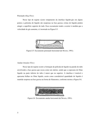 5
Pistonado (Slug Flow)
Nesse tipo de regime ocorre rompimento da interface líquido-gás em alguns
pontos e gotículas do líquido são suspensas na fase gasosa; cristas do líquido podem
atingir a superfície superior do tudo. Esse escoamento tende a ocorrer à medida que a
velocidade do gás aumenta, e é mostrado na Figura I-5.
Figura I-5 Escoamento pistonado horizontal (de Nevers, 1991).
Anular (Annular Flow)
Nesse tipo de regime ocorre a formação de película de líquido na parede do tubo
envolvendo a fase gasosa que escoa como um núcleo, sendo que a espessura do filme
líquido na parte inferior do tubo é maior que na superior. A interface é instável e
apresenta bolhas no filme líquido, assim como considerável quantidade de líquido é
mantida suspensa na fase gasosa na forma de filamentos, conforme mostra a Figura I-6.
Figura I-6 Escoamento anular horizontal (de Nevers, 1991).
 