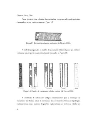 6
Disperso (Spray Flow)
Nesse tipo de regime o líquido disperso na fase gasosa sob a forma de gotículas,
é arrastado pelo gás, conforme mostra a Figura I-7.
Figura I-7 Escoamento disperso horizontal (de Nevers, 1991).
A título de comparação, os padrões de escoamento bifásico líquido-gás em tubos
verticais e suas respectivas denominações são mostrados na Figura I-8:
Figura I-8 Padrões de escoamento bifásico vertical (de Nevers,1991)
A existência de sofisticados códigos computacionais para a simulação de
escoamento de fluidos, aliada à importância dos escoamentos bifásicos líquido-gás,
particularmente para a indústria de petróleo e gás natural, nos motivou a estudar tais
 