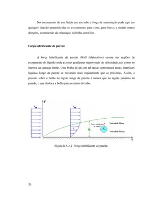 26
No escoamento de um fluido em um tubo a força de sustentação pode agir em
qualquer direção perpendicular ao escoamento, para cima, para baixo, e muitas outras
direções, dependendo da orientação da bolha-aerofólio.
Força lubrificante de parede
A força lubrificante de parede (Wall lubfrication) ocorre nas regiões de
escoamento do líquido onde existem gradientes transversais de velocidade, tais como no
interior da camada limite. Uma bolha de gás em tal região apresentará então, interfaces
líquidas longe da parede se movendo mais rapidamente que as próximas. Assim, a
pressão sobre a bolha na região longe da parede é menor que na região próxima da
parede, o que desloca a bolha para o centro do tubo.
Figura II.5.2-2 Força lubrificante de parede.
 