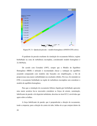 44
Figura IV.3-1 Queda de pressão – modelo homogêneo (ANSYS CFX-solve).
O gradiente de pressão resultante da simulação do escoamento bifásico, regime
borbulhado na zona de turbulência incompleta, considerando modelo homogêneo é
21.540 Pa/m.
De acordo com Corradini (1997), sempre que o Modelo de Equilíbrio
Homogêneo (MEH) é utilizado é recomendado checar a validação do equilíbrio
assumido comparando com modelos não baseados em simplificações, a fim de
proporcionar uma maior confiabilidade nos resultados obtidos. Por isso, foi simulado no
CFX o escoamento borbulhado na região de turbulência incompleta sem considerar o
modelo de equilíbrio homogêneo.
Para que a simulação do escoamento bifásico líquido-gás borbulhado apresente
uma maior acurácia faz-se necessário considerar as forças de arraste, sustentação,
lubrificante de parede e de dispersão turbulenta, descritas no item II.5.2, envolvidas que
agem sobre as bolhas.
A força lubrificante de parede, que é perpendicular a direção do escoamento,
tende a empurrar, para a direção do centro do tubo, bolhas de ar que estejam dentro da
 