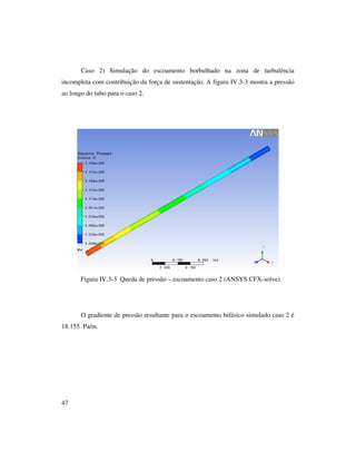 47
Caso 2) Simulação do escoamento borbulhado na zona de turbulência
incompleta com contribuição da força de sustentação. A figura IV.3-3 mostra a pressão
ao longo do tubo para o caso 2.
Figura IV.3-3 Queda de pressão – escoamento caso 2 (ANSYS CFX-solve).
O gradiente de pressão resultante para o escoamento bifásico simulado caso 2 é
18.155 Pa/m.
 