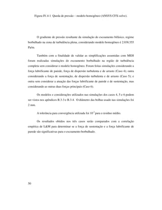 50
Figura IV.4-1 Queda de pressão – modelo homogêneo (ANSYS CFX-solve).
O gradiente de pressão resultante da simulação do escoamento bifásico, regime
borbulhado na zona de turbulência plena, considerando modelo homogêneo é 2.038.555
Pa/m.
Também com a finalidade de validar as simplificações assumidas com MEH
foram realizadas simulações do escoamento borbulhado na região de turbulência
completa sem considerar o modelo homogêneo. Foram feitas simulações considerando a
força lubrificante de parede, força de dispersão turbulenta e de arrasto (Caso 4); outra
considerando a força de sustentação, de dispersão turbulenta e de arrasto (Caso 5); e
outra sem considerar a atuação das forças lubrificante de parede e de sustentação, mas
considerando as outras duas forças principais (Caso 6).
Os modelos e considerações utilizados nas simulações dos casos 4, 5 e 6 podem
ser vistos nos apêndices B.3-3 e B.3-4. O diâmetro das bolhas usado nas simulações foi
2 mm.
A tolerância para convergência utilizada foi 10-3
para o resíduo médio.
Os resultados obtidos nos três casos serão comparados com a correlação
empírica de L&M para determinar se a força de sustentação e a força lubrificante de
parede são significativas para o escoamento borbulhado.
 