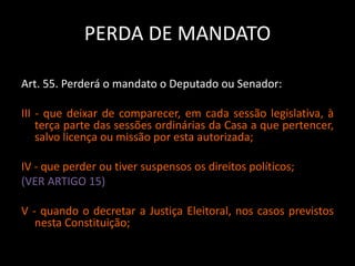 PERDA DE MANDATO 
Art. 55. Perderá o mandato o Deputado ou Senador: 
III - que deixar de comparecer, em cada sessão legislativa, à 
terça parte das sessões ordinárias da Casa a que pertencer, 
salvo licença ou missão por esta autorizada; 
IV - que perder ou tiver suspensos os direitos políticos; 
(VER ARTIGO 15) 
V - quando o decretar a Justiça Eleitoral, nos casos previstos 
nesta Constituição; 
 