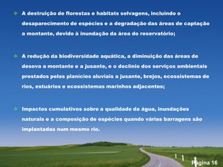  A destruição de florestas e habitats selvagens, incluindo o

   desaparecimento de espécies e a degradação das áreas de captação

   a montante, devido à inundação da área do reservatório;



 A redução da biodiversidade aquática, a diminuição das áreas de

   desova a montante e a jusante, e o declínio dos serviços ambientais

   prestados pelas planícies aluviais a jusante, brejos, ecossistemas de

   rios, estuários e ecossistemas marinhos adjacentes;



 Impactos cumulativos sobre a qualidade da água, inundações

   naturais e a composição de espécies quando várias barragens são

   implantadas num mesmo rio.




                                                                 Página 16
 