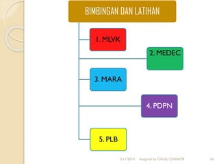 2/11/2014 designed by CIKGU ZIANA78 24
BIMBINGAN DAN LATIHAN
1. MLVK
2. MEDEC
3. MARA
4. PDPN
5. PLB
 