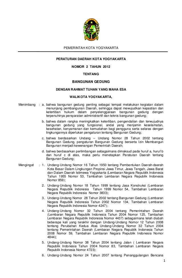 Perda Kota Jogya No 2 Tahun 2012