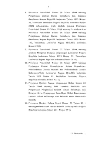3 
8. Peraturan Pemerintah Nomor 18 Tahun 1999 tentang 
Pengelolaan Limbah Bahan Berbahaya dan Beracun 
(Lembaran Negara Republik Indonesia Tahun 1999 Nomor 
31, Tambahan Lembaran Negara Republik Indonesia Nomor 
3815) sebagaimana telah diubah dengan Peraturan 
Pemerintah Nomor 85 Tahun 1999 tentang Perubahan Atas 
Peraturan Pemerintah Nomor 18 Tahun 1999 tentang 
Pengelolaan Limbah Bahan Berbahaya dan Beracun 
(Lembaran Negara Republik Indonesia Tahun 1999 Nomor 
190, Tambahan Lembaran Negara Republik Indonesia 
Nomor 3910); 
9. Peraturan Pemerintah Nomor 27 Tahun 1999 tentang 
Analisis Mengenai Dampak Lingkungan (Lembaran Negara 
Republik Indonesia Tahun 1999 Nomor 59, Tambahan 
Lembaran Negara Republik Indonesia Nomor 3838); 
10. Peraturan Pemerintah Nomor 38 Tahun 2007 tentang 
Pembagian Urusan Pemerintahan Antara Pemerintah, 
Pemerintahan Daerah Provinsi dan Pemerintahan Daerah 
Kabupaten/Kota (Lembaran Negara Republik Indonesia 
Tahun 2007 Nomor 82, Tambahan Lembaran Negara 
Republik Indonesia Nomor 4737); 
11. Peraturan Menteri Negara Lingkungan Hidup Nomor 30 
Tahun 2009 tentang Tata Laksana Perizinan dan 
Pengawasan Pengelolaan Limbah Bahan Berbahaya dan 
Beracun Serta Pengawasan Pemulihan Akibat Pencemaran 
Limbah Bahan Berbahaya dan Beracun Oleh Pemerintah 
Daerah; 
12. Peraturan Menteri Dalam Negeri Nomor 53 Tahun 2011 
tentang Pembentukan Produk Hukum Daerah (Berita Negara 
Republik Indonesia Tahun 2011 Nomor 694); 
13. Peraturan ... 
 
