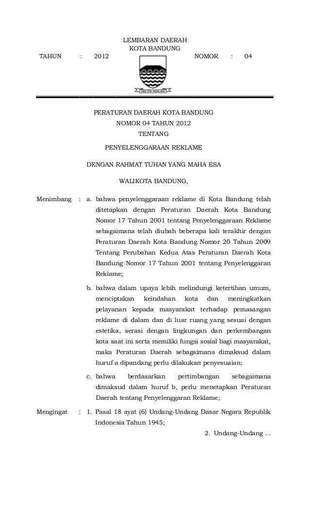 Peraturan Daerah Kota Bandung Nomor 4 Tahun 2012 Tentang