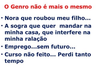 O Genro não é mais o mesmo Nora que roubou meu filho... A sogra que quer  mandar na minha casa, que interfere na minha ralação Emprego...sem futuro...  Curso não feito... Perdi tanto tempo 
