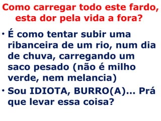 Como carregar todo este fardo, esta dor pela vida a fora?  É como tentar subir uma ribanceira de um rio, num dia de chuva, carregando um saco pesado (não é milho verde, nem melancia) Sou IDIOTA, BURRO(A)... Prá que levar essa coisa? 