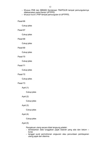 12
- Khusus PKB dan BBNKB Kendaraan TNI/POLRI tempat pemungutannya
dilaksanakan pada Kantor UPTPPD.
- khusus huruf c PAP tempat pemungutan di UPTPPD,
Pasal 66
Cukup jelas
Pasal 67
Cukup jelas
Pasal 68
Cukup jelas
Pasal 69
Cukup jelas
Pasal 70
Cukup jelas
Pasal 71
Cukup jelas
Pasal 72
Cukup jelas
Pasal 73
Ayat (1)
Cukup jelas
Ayat (2)
Cukup jelas
Ayat (3)
Cukup jelas
Ayat (4)
Cukup jelas
Ayat (5)
Pengakuan utang secara tidak langsung adalah:
- berdasarkan data tunggakan pajak Daerah yang ada dan belum –
lunas
- tanggal surat permohonan angsuran atau penundaan pembayaran
utang pajak dan diterima
 
