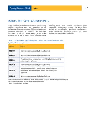 28PeruDoing Business 2014
DEALING WITH CONSTRUCTION PERMITS
Smart regulation ensures that standards are met while
making compliance easy and accessible to all.
Coherent and transparent rules, efficient processes and
adequate allocation of resources are especially
important in sectors where safety is at stake.
Construction is one of them. In an effort to ensure
building safety while keeping compliance costs
reasonable, governments around the world have
worked on consolidating permitting requirements.
What construction permitting reforms has Doing
Business recorded in Peru (table 3.1)?
Table 3.1 How has Peru made dealing with construction permits easier—or not?
By Doing Business report year
DB year Reform
DB2009 No reform as measured by Doing Business.
DB2010 No reform as measured by Doing Business.
DB2011
Peru streamlined construction permitting by implementing
administrative reforms.
DB2012 No reform as measured by Doing Business.
DB2013
Peru made obtaining a construction permit easier by
eliminating requirements for several preconstruction
approvals.
DB2014 No reform as measured by Doing Business.
Note: For information on reforms in earlier years (back to DB2006), see the Doing Business reports
for these years, available at http://www.doingbusiness.org.
Source: Doing Business database.
 
