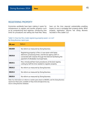 45PeruDoing Business 2014
REGISTERING PROPERTY
Economies worldwide have been making it easier for
entrepreneurs to register and transfer property—such
as by computerizing land registries, introducing time
limits for procedures and setting low fixed fees. Many
have cut the time required substantially—enabling
buyers to use or mortgage their property earlier. What
property registration reforms has Doing Business
recorded in Peru (table 5.1)?
Table 5.1 How has Peru made registering property easier—or not?
By Doing Business report year
DB year Reform
DB2009 No reform as measured by Doing Business.
DB2010
Registering property in Peru is now easier with faster
electronic processing times, and the tax agency (SAT) is
connected with notaries through the Internet facilitating the
payment of (Alcabala) municipal taxes.
DB2011
Peru introduced fast-track procedures at the land registry,
cutting by half the time needed to register property.
DB2012 No reform as measured by Doing Business.
DB2013 No reform as measured by Doing Business.
DB2014 No reform as measured by Doing Business.
Note: For information on reforms in earlier years (back to DB2005), see the Doing Business
reports for these years, available at http://www.doingbusiness.org.
Source: Doing Business database.
 
