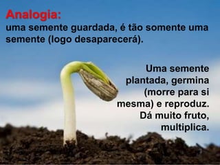 Analogia:
uma semente guardada, é tão somente uma
semente (logo desaparecerá).
Uma semente
plantada, germina
(morre para si
mesma) e reproduz.
Dá muito fruto,
multiplica.
 