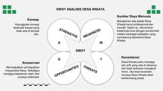 SWOT
S
O T
W
Konsistensi
Desa Wisata perlu menjaga
sisi unik yang ada di desanya
dan tidak terkesan mengikuti
trend. Jika bisa konsisten,
niscaya Desa Wisata akan
berkembang pesat.
Sumber Daya Manusia
Manajemen tata kelola Desa
Wisata harus professional dan
inovatif. Selain itu, dibutuhkan
kolaborasi kuat dengan pemerintah
melalui berbagai kebijakan yang
mendukung eksistensi Desa
Wisata.
Konservasi
Meningkatkan pendapatkan
masyarakat Desa. Sekaligus
menjaga kelestarian alam dan
budaya setempat.
Konsep
Keunggulan konsep
destinasi wisata yang
tidak ada di tempat
lain.
SWOT ANALISIS DESA WISATA
 