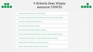 9 Kriteria Desa Wisata
menurut UNWTO
1. Cultural and Natural Resources: Alam dan Budaya
2. Promotion and Conservation of Cultural Resources: Konservasi dan Promosi Budaya
3. Economic Sustainability: Ketahanan Ekonomi
4. Social Sustainability: Ketahanan Sosial
5. Environmental Sustainability: Ketahanan Lingkungan
6. Tourism Potential and Development and Value Chain Integration: Potensi Pariwisata
7. Governance and Prioritization of Tourism: Aspek Pemerintahan Pariwisata
8. Infrastructure and Connectivity: Infrastruktur dan Koneksi
9. Health, Safety and Security: Kesehatan dan Keamanan
 
