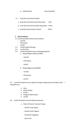 d. Sebelah Barat : Desa Indrodelik
1.3 Jarak Dari Pusat Pemerintahan
a. jarak dari Pusat Pemerintah Kecamatan : 4 Km
b. Jarak dari pusat Pemerintahan Kabupaten : 20 Km
c. Jarak dari pemerintahan Propinsi : 38 Km
2. Data Penduduk
2.1 Jumlah penduduk menurut jenis Kelamin
­ Laki laki
­ Perempuan
­ Jumlah
2.2. Jumlah Kepala Keluarga
2.3. Jumlah Soma
2.4. Jumlah Penduduk menurut Kewarganegaraan
a. Warga Negara Indonesia (WNI)
- Laki laki
- Perempuan
- jumlah
b. Warga Negara Asing (WNA)
- Laki laki
- Perempuan
- jumlah
2.5. Jumlah Penduduk menurut Agama/ Penganut Kepercayaan terhadap Tuhan I
Yang Maha Esa
a. Islam
b. Hindu/ Budha
c. Kristen
d. Penganut Kepercayaan
e. Jumlah
2.6 Jumlah Penduduk menurut Mata pencaharian
a. Sektor Pertanian Tanaman Pangan
- Pemilik Tanah Sawah
- Pemilik Tanah Tegalan
- Penyewah Penggarap
- Buruh Tani
 