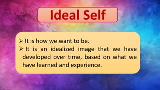 Ideal Self
 It is how we want to be.
 It is an idealized image that we have
developed over time, based on what we
have learned and experience.
 