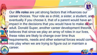Our life roles are yet strong factors that influences our
career choices. Your role as a child, a sister, a student, and
eventually if you choose it, that of a parent would have an
impact in the decisions that you would have to make as an
adult. Donald Super, another career development theorist
believes that since we play an array of roles in our lives,
these roles are likely to change over time thus
requirements, needs and other external forces would come
into play when we are trying to figure out or maintain a
career.
 