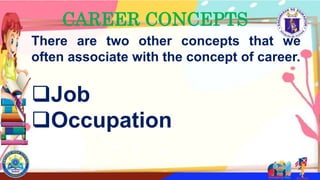 CAREER CONCEPTS
There are two other concepts that we
often associate with the concept of career.
Job
Occupation
 