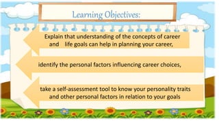 Learning Objectives:
Explain that understanding of the concepts of career
and life goals can help in planning your career,...