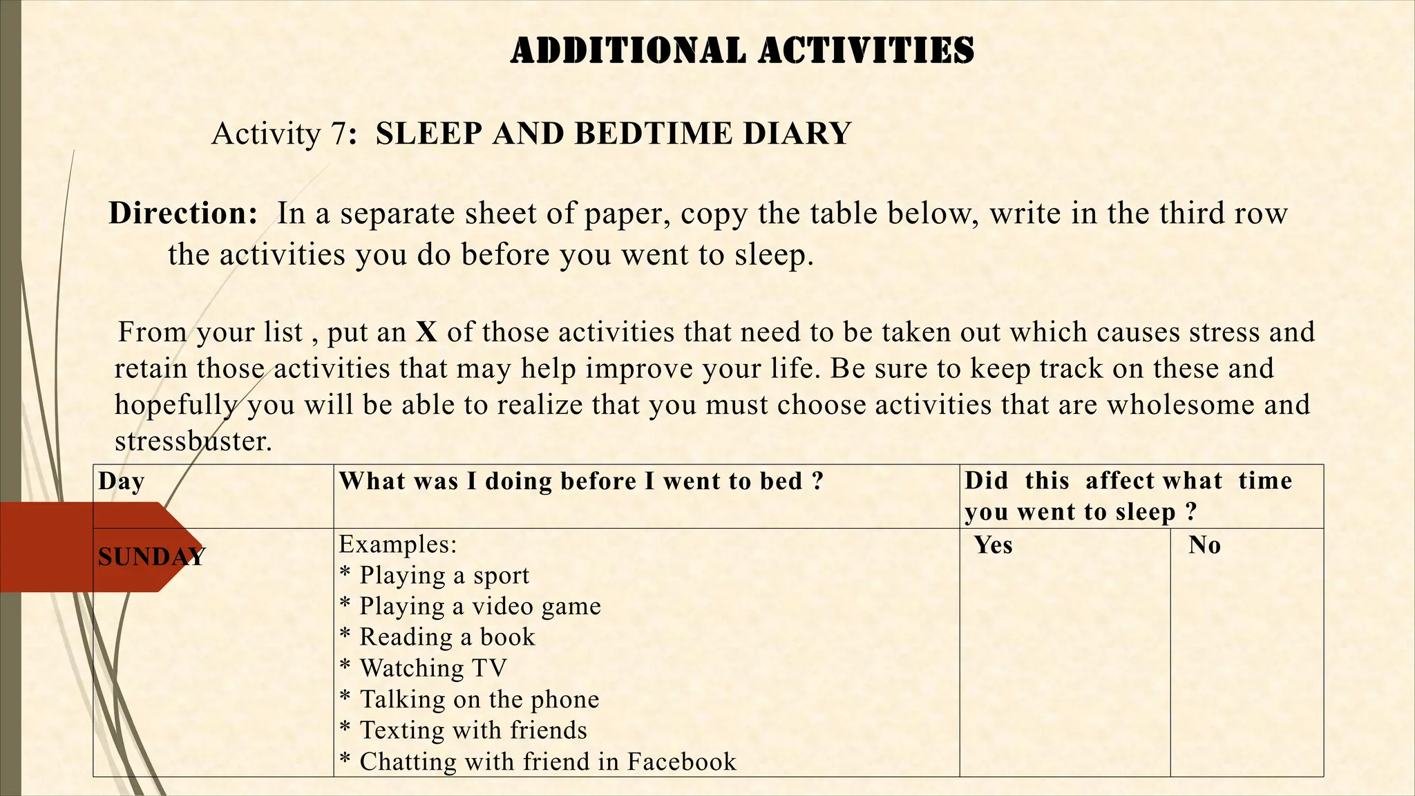 addITIONaL aCTIVITIES
Activity 7: SLEEP AND BEDTIME DIARY
Direction: In a separate sheet of paper, copy the table below, write in the third row
the activities you do before you went to sleep.
From your list , put an X of those activities that need to be taken out which causes stress and
retain those activities that may help improve your life. Be sure to keep track on these and
hopefully you will be able to realize that you must choose activities that are wholesome and
stressbuster.
Day What was I doing before I went to bed ? Did this affect what time
you went to sleep ?
SUNDAY Examples:
* Playing a sport
* Playing a video game
* Reading a book
* Watching TV
* Talking on the phone
* Texting with friends
* Chatting with friend in Facebook
Yes No
 