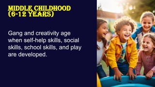 Middle Childhood
(6-12 years)
Gang and creativity age
when self-help skills, social
skills, school skills, and play
are developed.
 